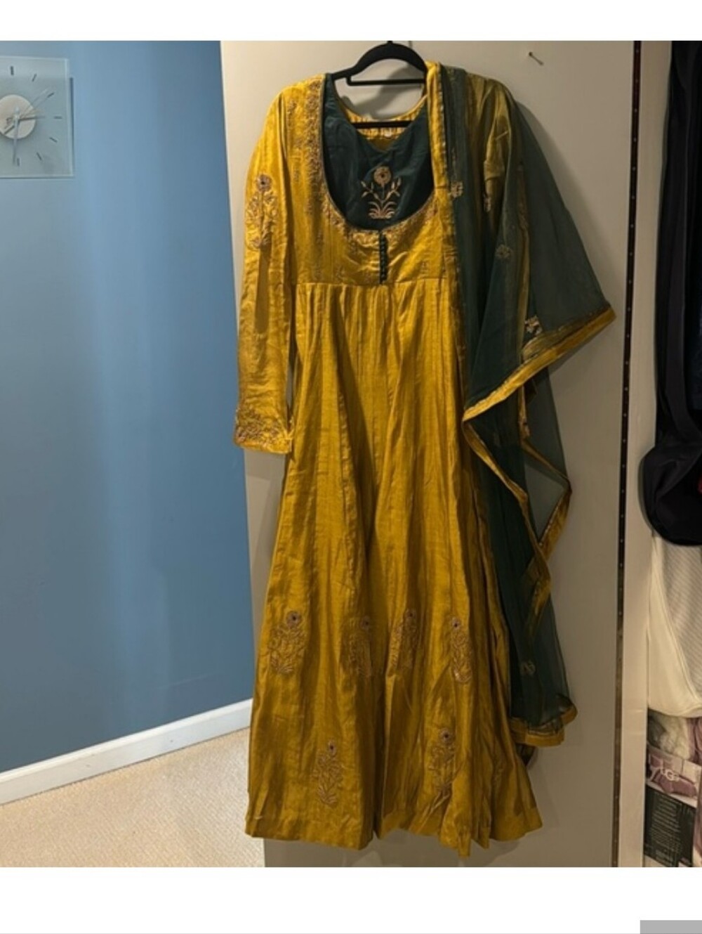 Indian Pakistani Yellow Embroidered Anarkali Dress with Green Dupatta